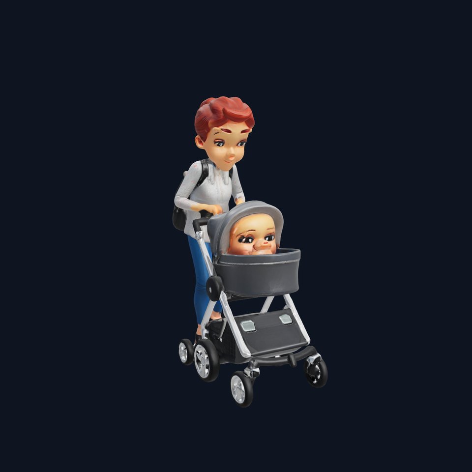 Cartoon Woman and Baby with Stroller Model Pack